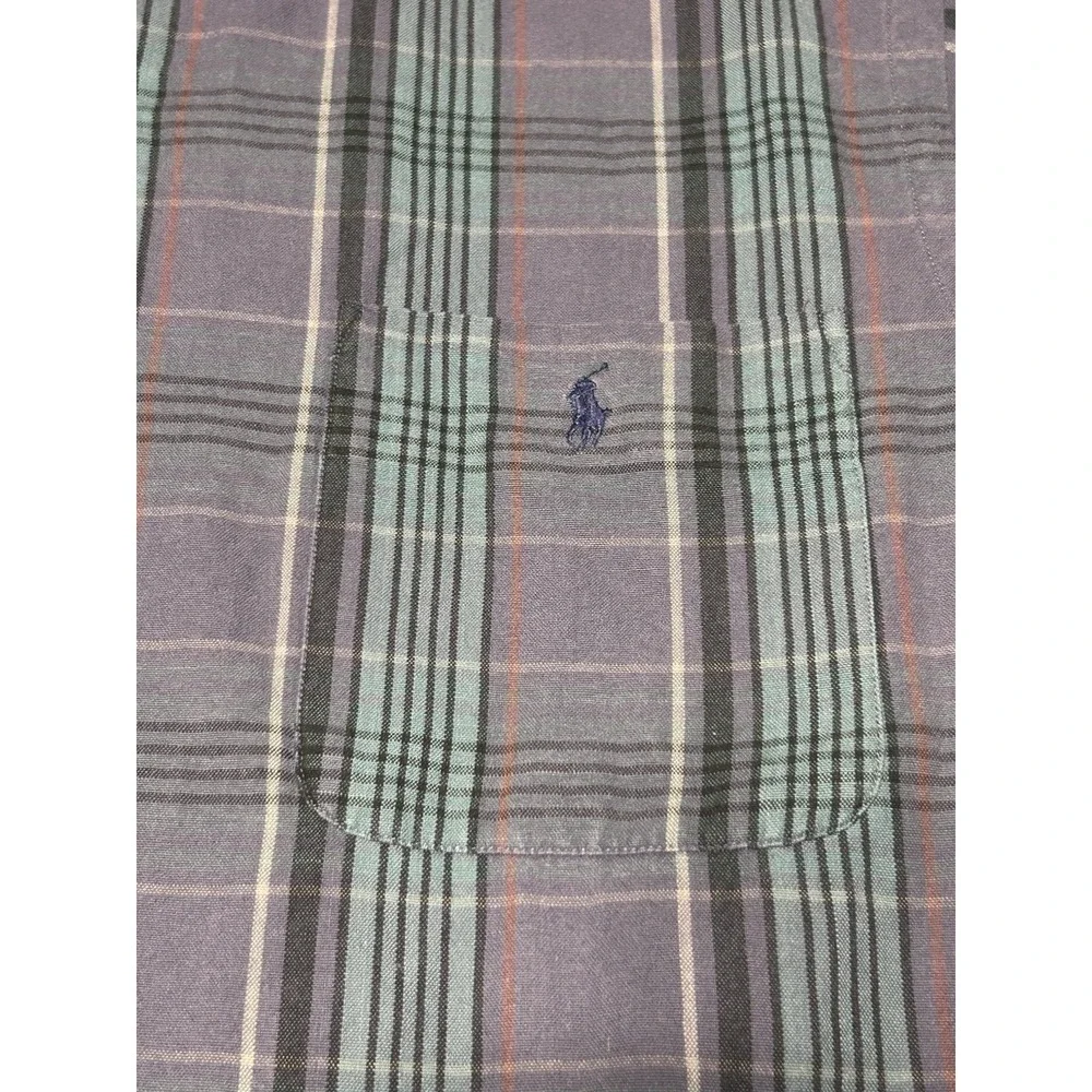Polo Ralph Lauren Caldwell Shirt M Grey Teal Plaid Cotton Camp 90s VINTAGE MINT